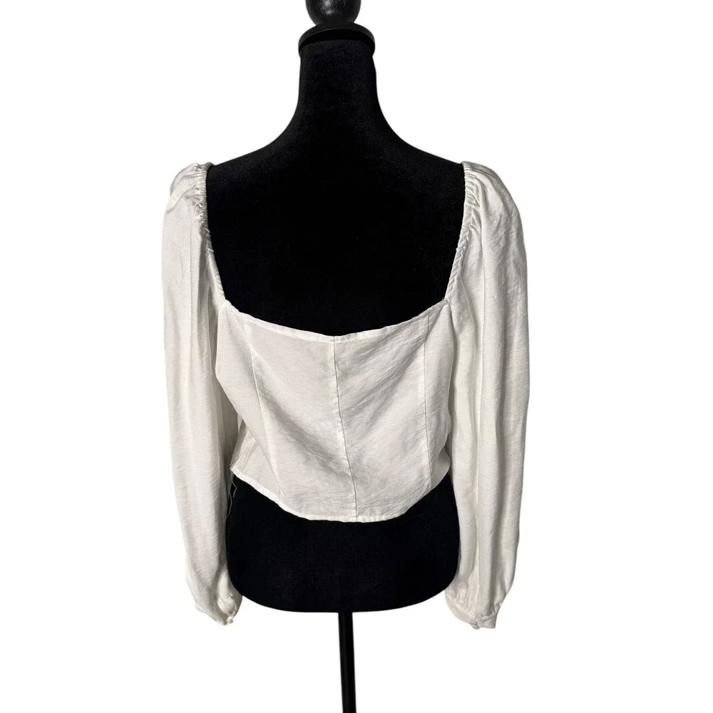 Womens L‎ White Corset Crop Top Long Sleeve Square Neck Coastal Cowgirl Western